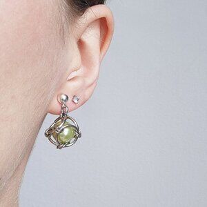 Vintage unique retro style green chartreuse caged pearl silver earrings